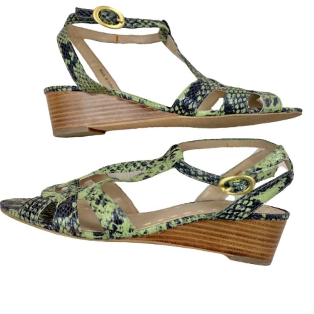 Tahari Hanover leather snakeskin print ankle strap wedges